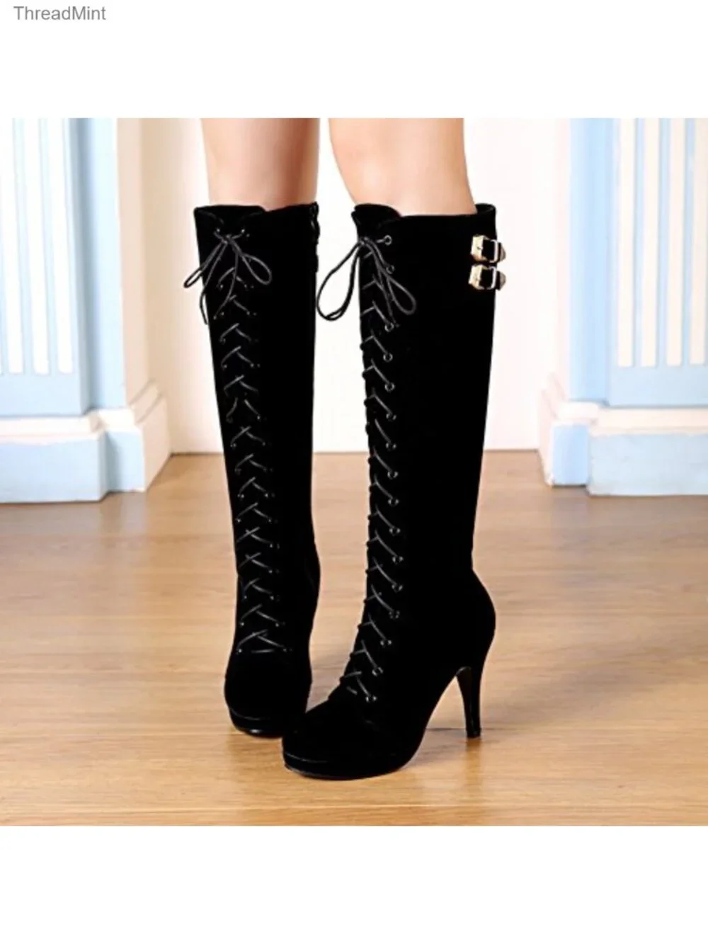 Women's Suede Knee High Heeled Boots Side Zip Pointed Toe
